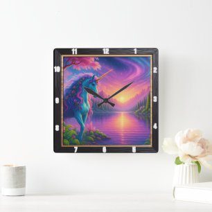 Sunset Unicorn Lake Forest Quadratische Wanduhr