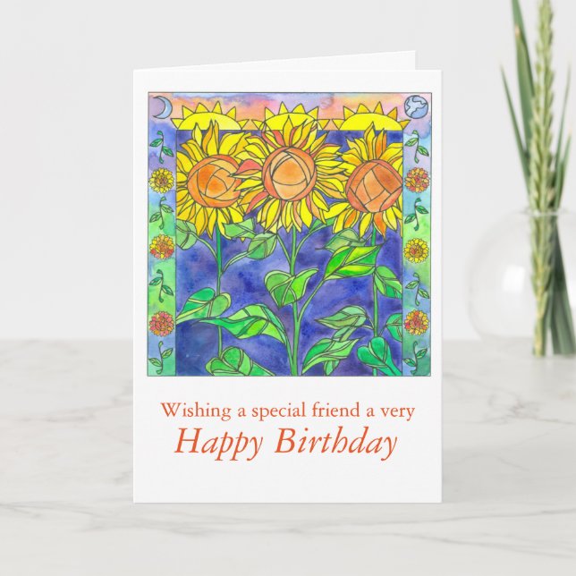 Sunset Watercolor Sonnenblumen Happy Birthday Frie Karte (Vorderseite)