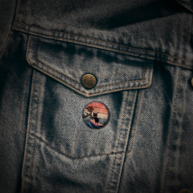 Sunset Wave Riding Cat Button (Sunset Wave-Riding Cat 1 Inch Round Button)