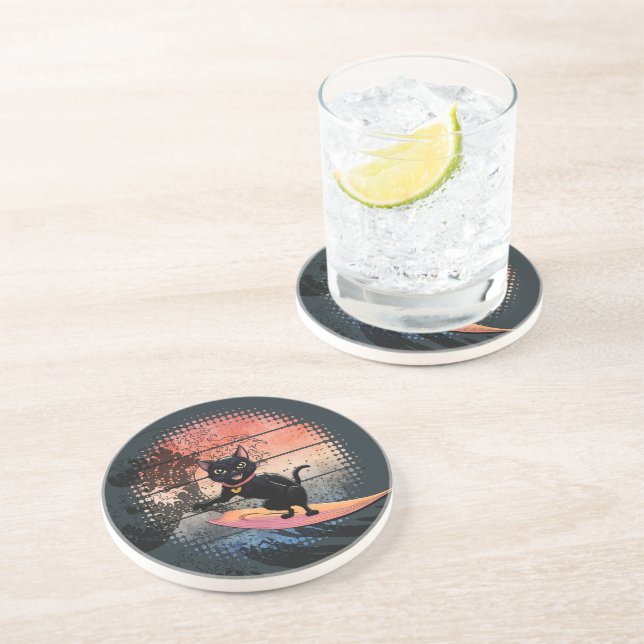 Sunset Wave Riding Cat Getränkeuntersetzer (Seite)