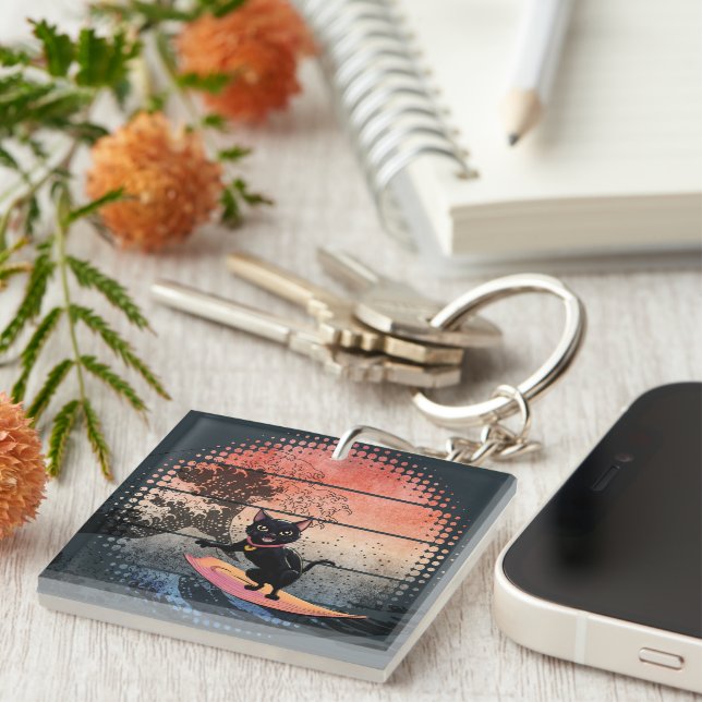 Sunset Wave Riding Cat Schlüsselanhänger (Vorderseite rechts)