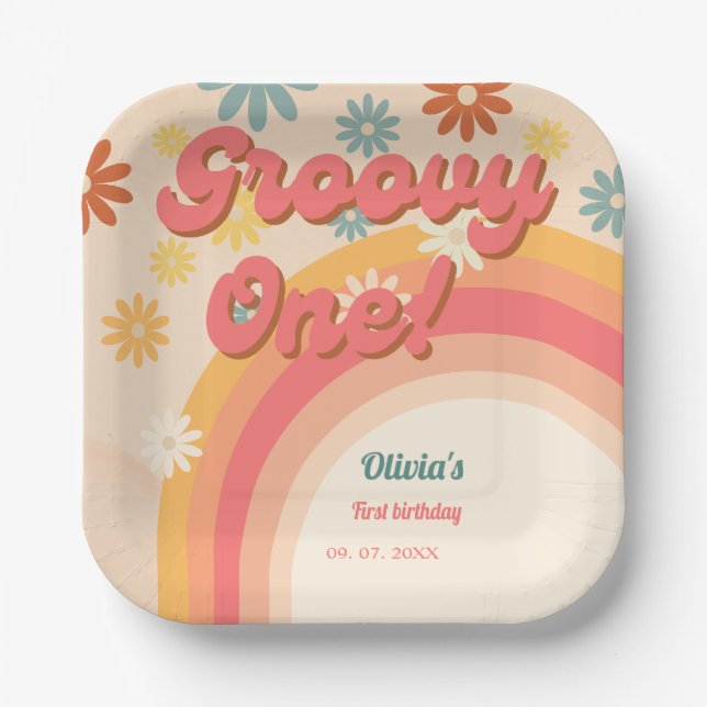 Sunshine 70er retro groovy daisy Blume Geburtstag  Pappteller (Vorderseite)