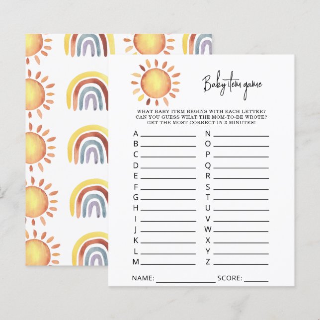 Sunshine Baby Item Game. Baby Shower Game (Vorne/Hinten)