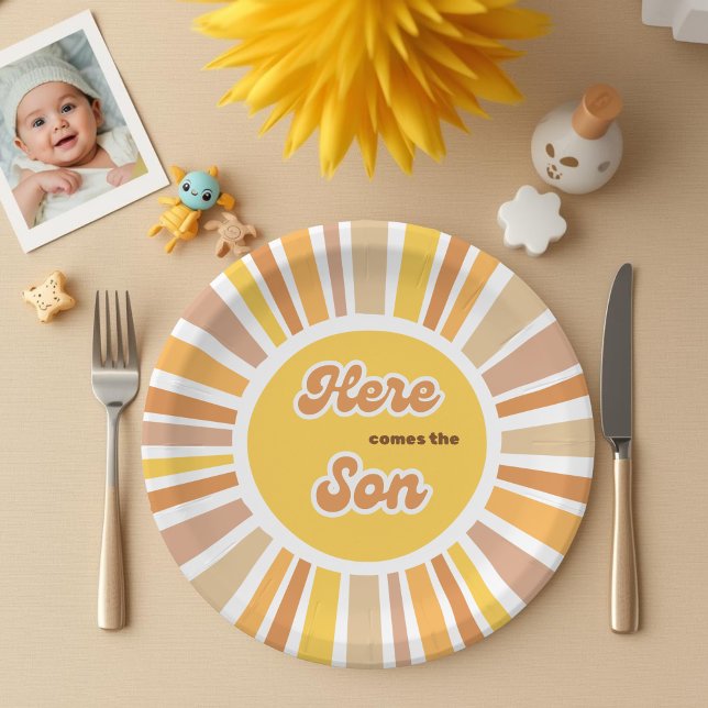 Sunshine Baby Shower Boho Retro Yellow Sunshine Pappteller (Von Creator hochgeladen)
