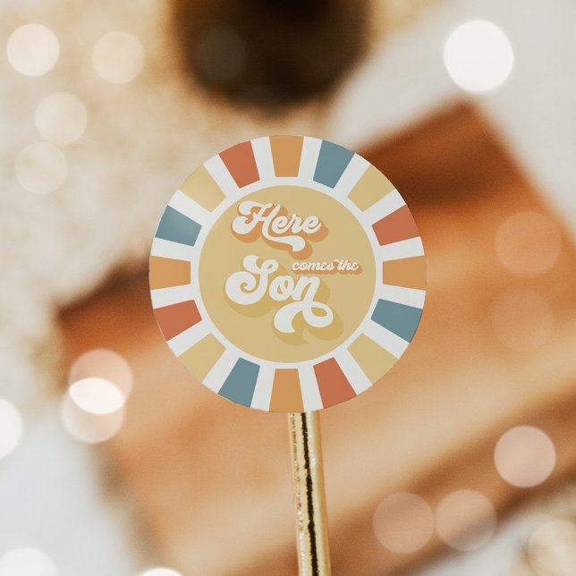 Sunshine Baby Shower Here Come The Son Yellow Rays Runder Aufkleber (Von Creator hochgeladen)