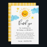 Sunshine Birthday Party Dankeskarte<br><div class="desc">Sonnenschein Thema Kinder Geburtstagsparty danke Ihnen Karte mit Aquarellbild eine lächelnde Sonne mit Wolken und Sternen. Im Text steht: "Danke,  dass du meinen Geburtstag so hell gemacht hast!"</div>