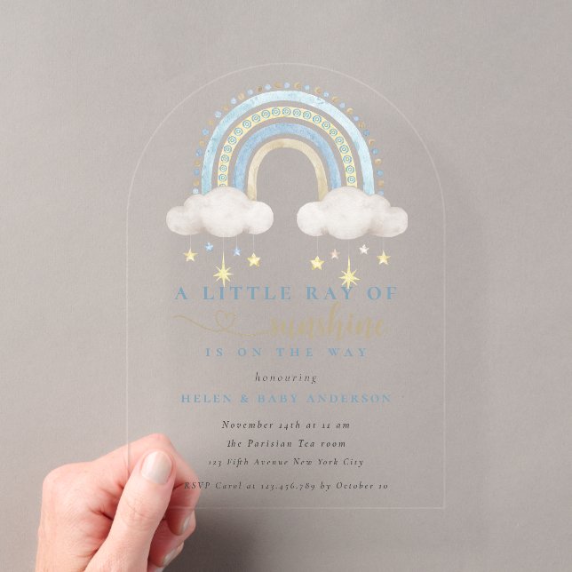 Sunshine Blue Boho Rainbow Boy Baby Dusche Acryleinladungen (Insitu (Handheld))