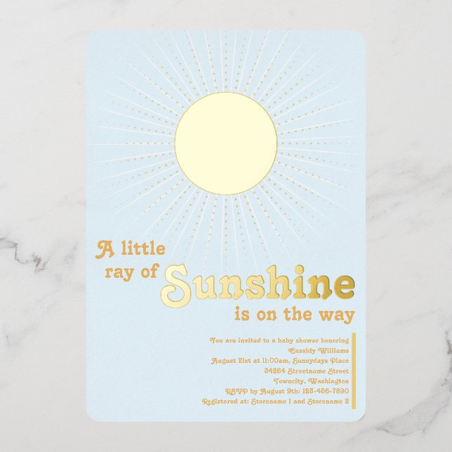 Sunshine Blue Gold Sun Baby Dusche Folieneinladung (Vorderseite)