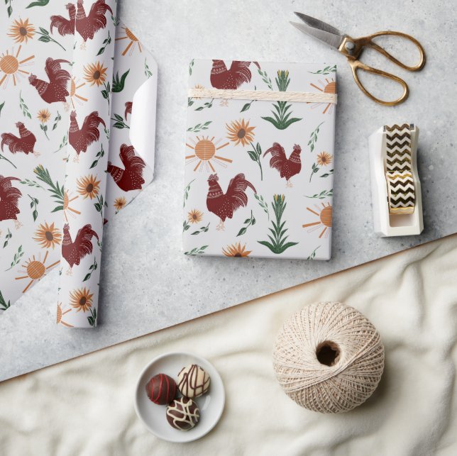 Sunshine Folk Art Rooster Muster Geschenkpapier (Kunsthandwerk)