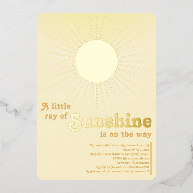 Sunshine Gold Sun Baby shower Foil Invitation (Recto)