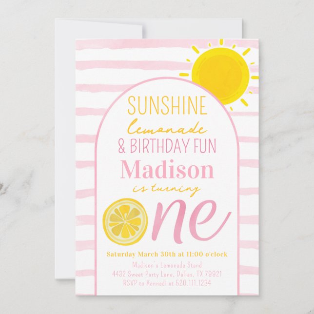 Sunshine Lemonade 1. Geburtstag Party Einladung (Vorderseite)