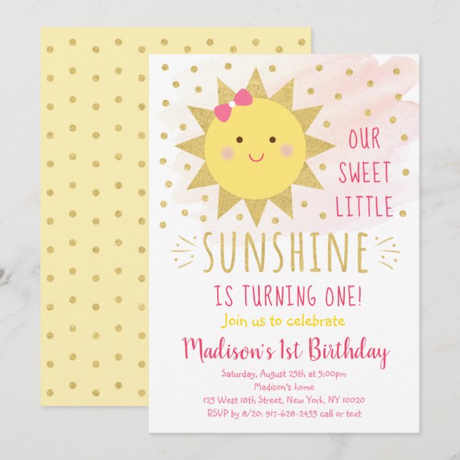Sunshine Pink & Gold Erster Geburtstag Einladung (Vorne/Hinten)