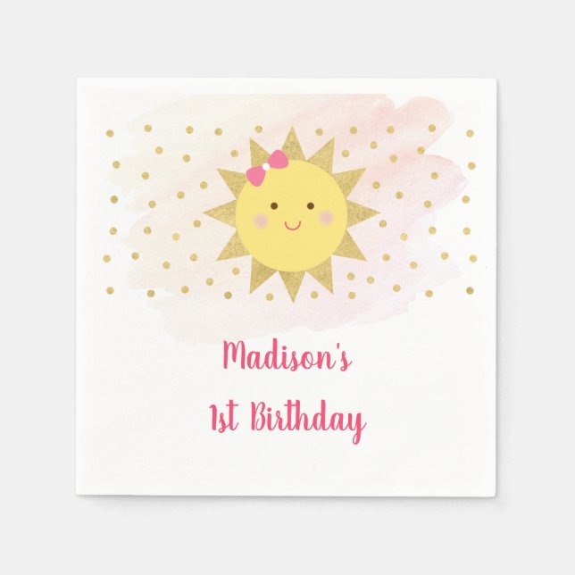 Sunshine Pink & Gold Erster Geburtstag Serviette (Vorderseite)