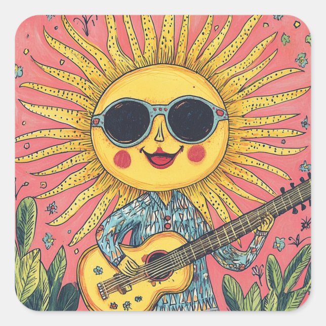 Sunshine Playing Guitar Quadratischer Aufkleber (Vorderseite)