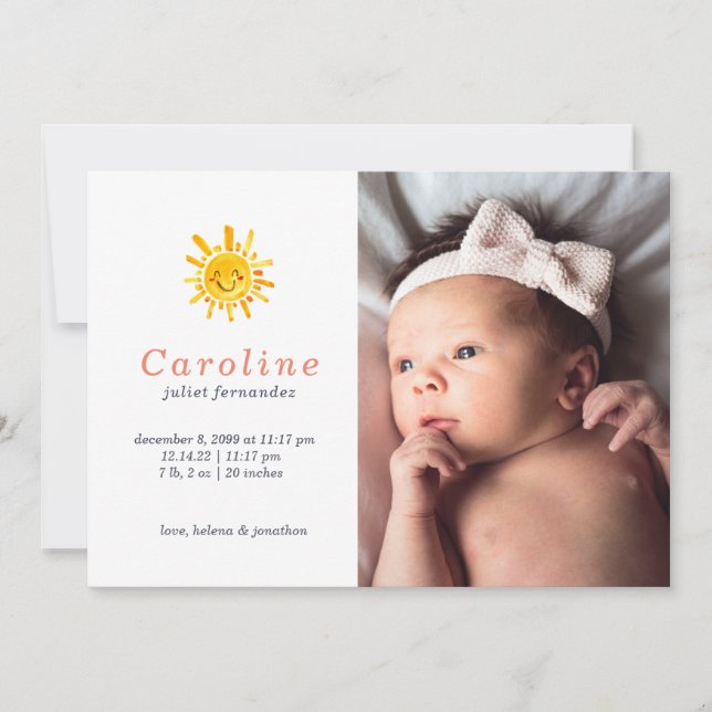 Sunshine Primary Name Baby Birth Ankündigung (Vorderseite)
