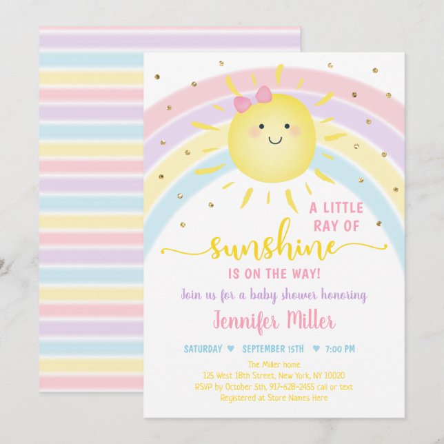 Sunshine Rainbow Pink Gold Pastel Baby Shower Einladung (Vorne/Hinten)