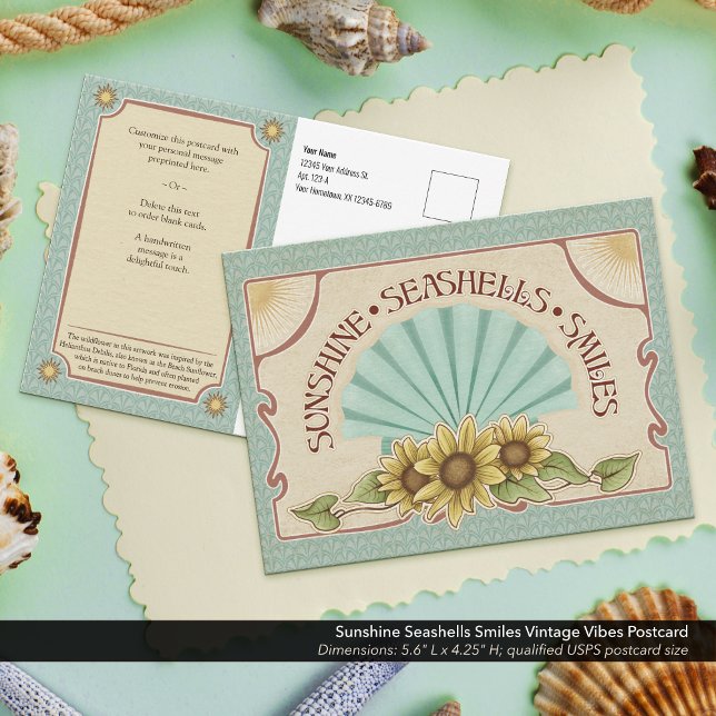 Sunshine Seashells Smiles Vintage Vibes Postkarte (Sunshine, Seashells, & Smiles Vintage Vibes Postcard–Pre-print your return address for easy mailing.)