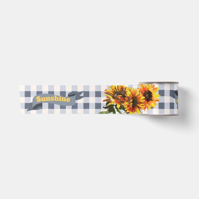 Sunshine Sunflower Blue Gingham Satinband (Vorderseite)
