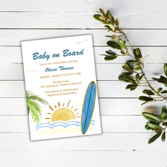 Sunshine Tropical Surf Baby an Bord Babydusche Einladung (Sunshine Tropical Surf Baby On Board Baby Shower Invitation)