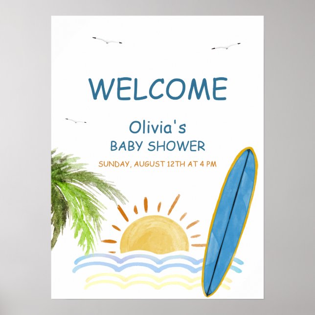 Sunshine Tropical Surfing Baby Dusche Empfang Poster (Vorne)