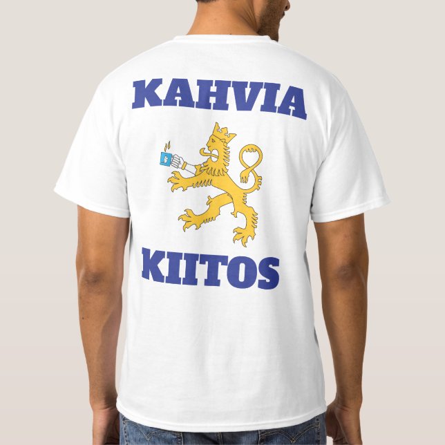 Suomileijona ja muumimuki, kahvia kiitos t-paita T-Shirt (Rückseite)