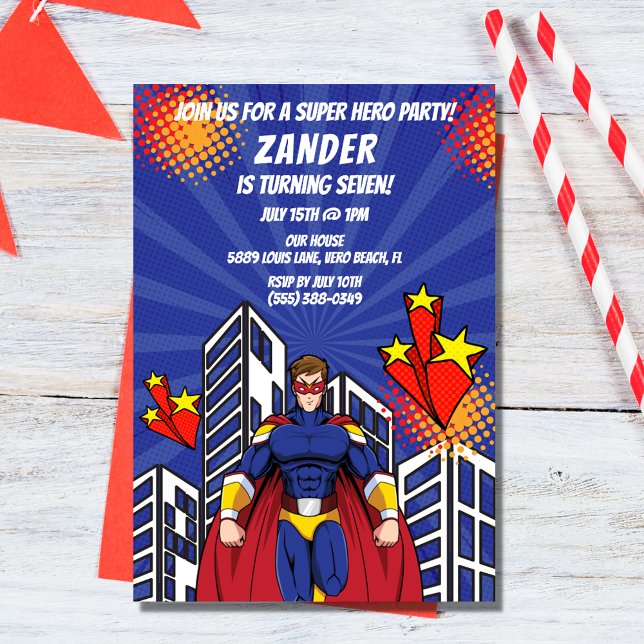 Supehero Skyline Boy Invitation de fête d'annivers (Supehero Skyline Boy Birthday Party Invitation)