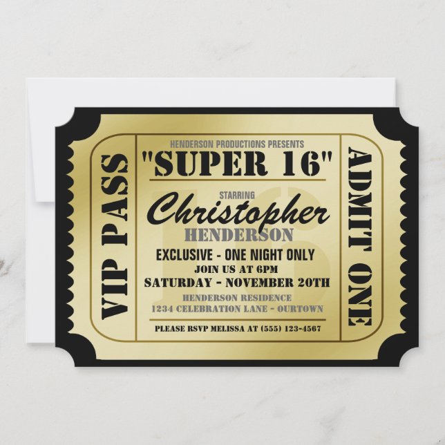 Super 16 VIP Ticket Style Party Einladungen (Vorderseite)