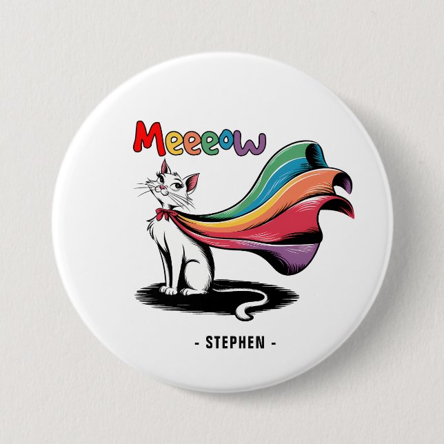 Super Cat Meeeow - Rainbow Cape Pride Cat Button (Vorderseite)