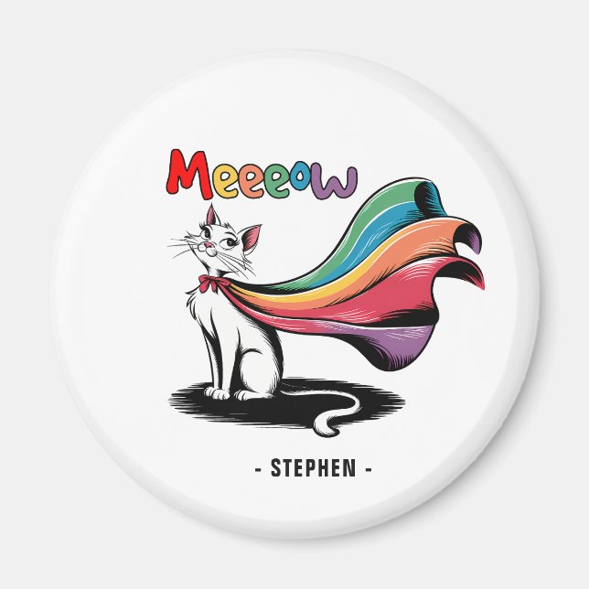 Super Cat Meeeow - Rainbow Cape Pride Cat Magnet (Vorne)