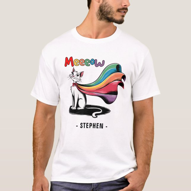 Super Cat Meeeow - Rainbow Cape Pride Cat T-Shirt (Vorderseite)