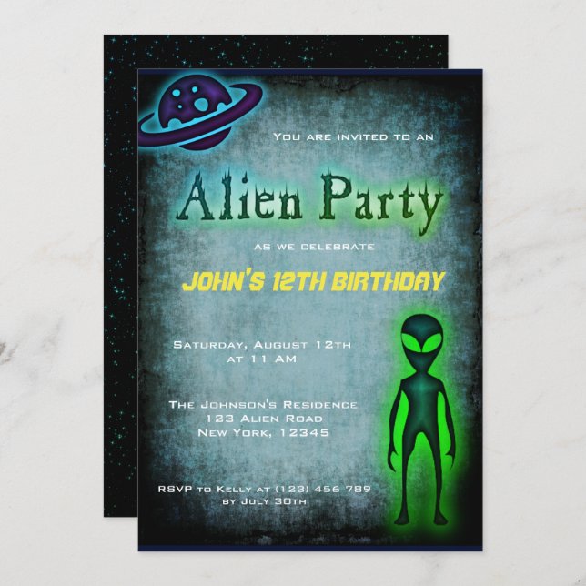 Super Cool Alien Invitation de fête d'anniversaire (Devant / Derrière)