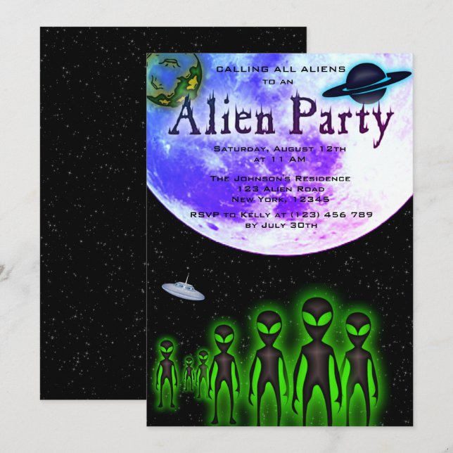 Super Cool Alien & UFO Invitation (Devant / Derrière)