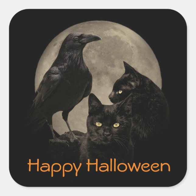 Super Cool Gothic Raven and Cats Halloween Quadratischer Aufkleber (Vorderseite)