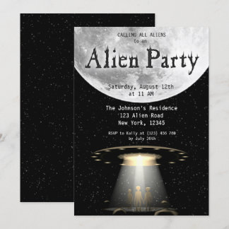Super Cool Schwarz & Weiß Alien & UFO Party Einlad Einladung