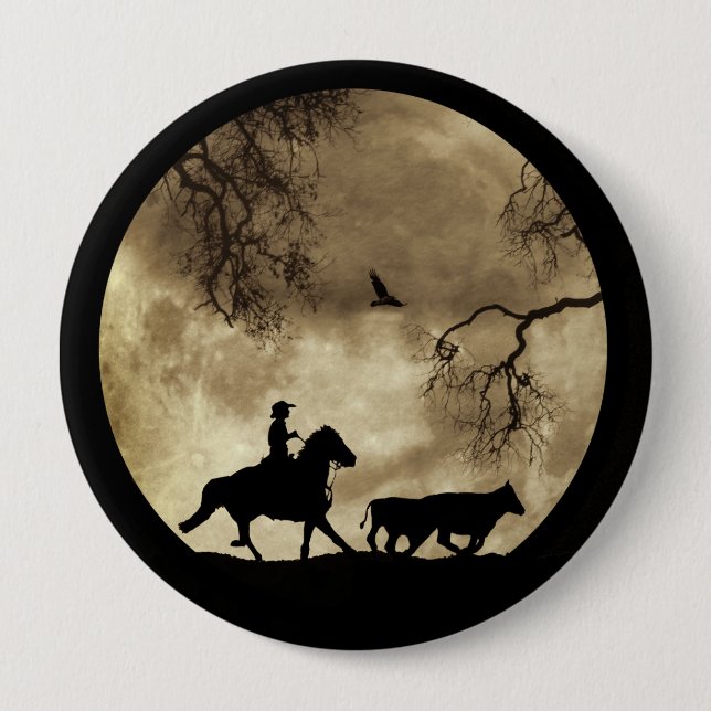 Super cooler Cowboy und Pferd in Vollmond Button (Vorderseite)