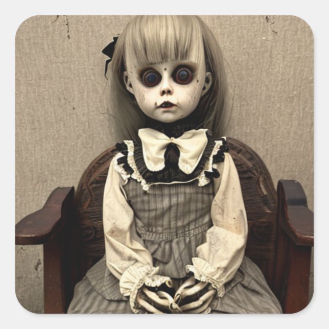 Super Creepy Spuk Old Antique Doll Halloween Quadratischer Aufkleber (Vorderseite)
