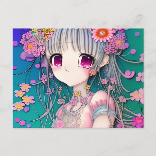 Super Detaillierter Anime-Cartoon mit Blume und Gl Postkarte (Vorderseite)