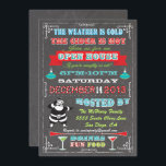 Super Fun Chalkboard Christmas Open House Einladung<br><div class="desc">Freuen Sie sich auf einen Urlaub mit der Weihnachtseinladung im Posterstil mit Retro-Santa-Claus,  Bannern,  Cocktails und Ornamenten auf einem Chalkboard-Hintergrund mit lustiger Typografie. Das Wetter ist kalt,  der Apfel ist heiß,  also laden Sie Ihre Freunde ein,  wenn sie unartig sind oder nicht!</div>