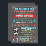Super Fun Chalkboard Christmas Open House Einladung<br><div class="desc">Freuen Sie sich auf einen Urlaub mit der Weihnachtseinladung im Posterstil mit Retro-Santa-Claus,  Bannern,  Cocktails und Ornamenten auf einem Chalkboard-Hintergrund mit lustiger Typografie. Das Wetter ist kalt,  der Apfel ist heiß,  also laden Sie Ihre Freunde ein,  wenn sie unartig sind oder nicht!</div>