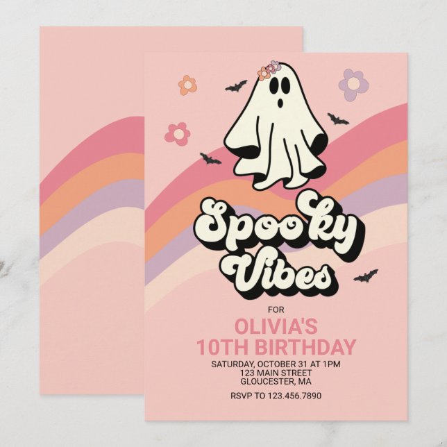 super Ghost retro Halloween Invitation anniversair (Devant / Derrière)