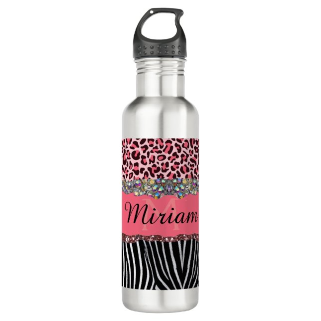 Super Girl Pink Glitzer Exotic Leopard Print Edelstahlflasche (Vorderseite)