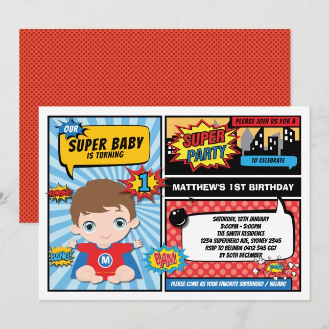 Super Hero 1. Geburtstag Superhero Comic Party Einladung (Vorne/Hinten)