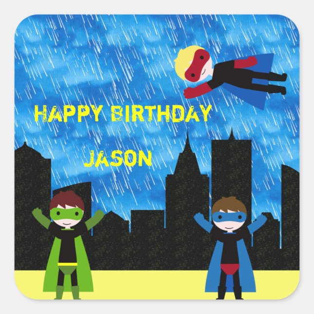 Super Hero Boys Bithday Party Quadratischer Aufkleber (Vorderseite)