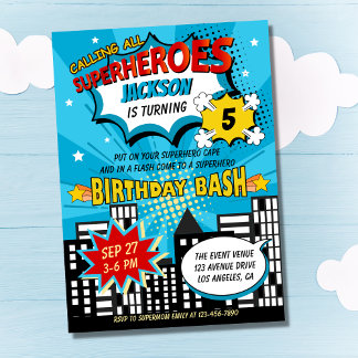 Super Hero Comic Book Style Boy Birthday Blue Einladung