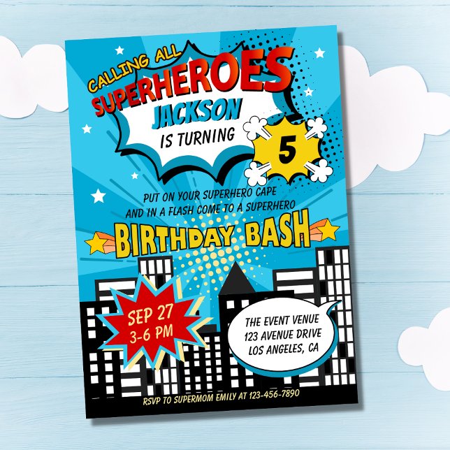 Super Hero Comic Book Style Boy Birthday Blue Einladung (Von Creator hochgeladen)
