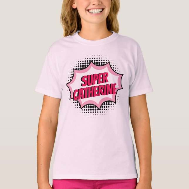 Super Hero Comic Book Style Girly Pink T-Shirt (Vorderseite)