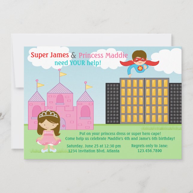 Super Hero und Princess Twins Joint Birthday Party Einladung (Vorderseite)