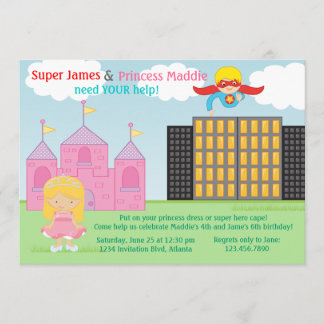 Super Hero und Princess Twins Joint Birthday Party Einladung