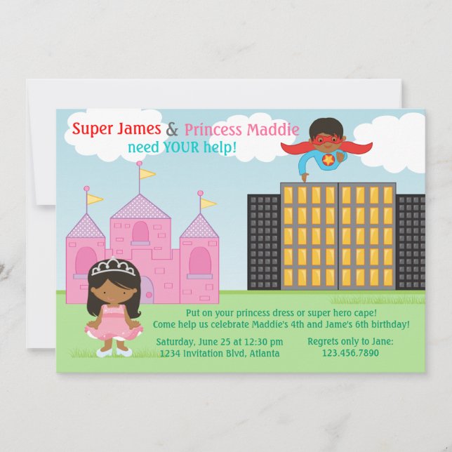 Super Hero und Princess Twins Joint Birthday Party Einladung (Vorderseite)