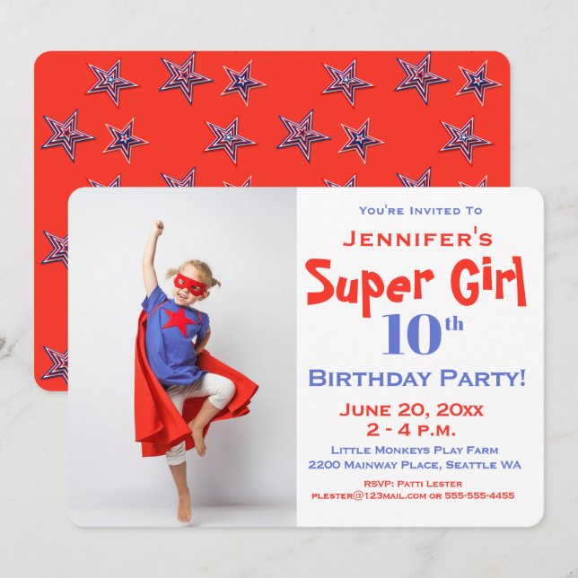 Super Héros enfant, Invitation de fête d'anniversa (Devant / Derrière)